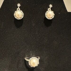 Pandora Pearl and Silver earring and ring set